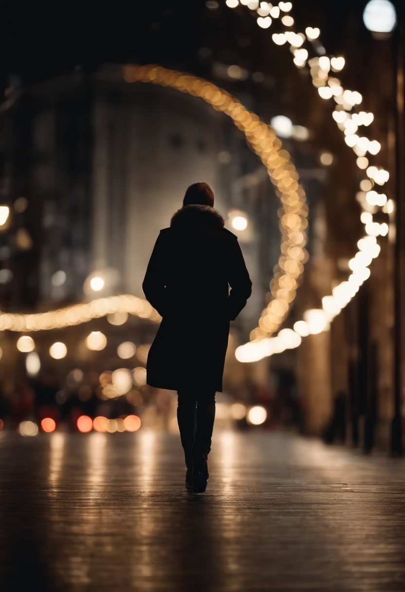 a lifestyle shot of a person walking through a bokeh cityscape background, with circle lights creating a halo effect around them, adding a sense of motion and storytelling to the design