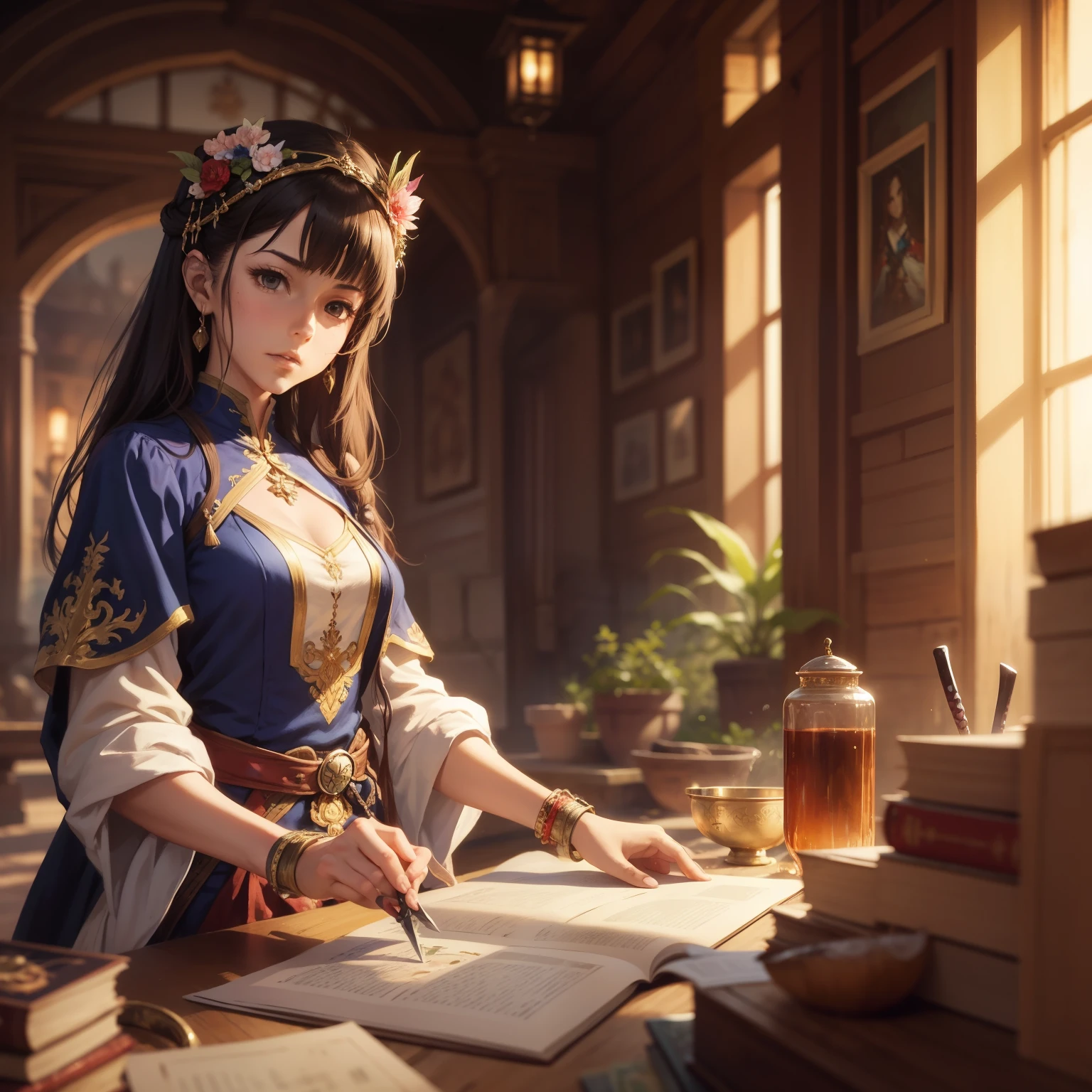 Calidad superior. Pintura de Akihiko Yoshida. 插圖. character design. Mujer. A world of swords and sorcery. verano. sudar. minifalda. Sentarse y abrir la entrepierna.
