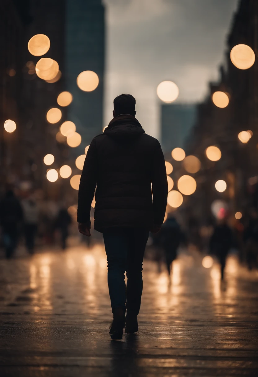 a lifestyle shot of a person walking through a bokeh cityscape background, with circle lights creating a halo effect around them, adding a sense of motion and storytelling to the design