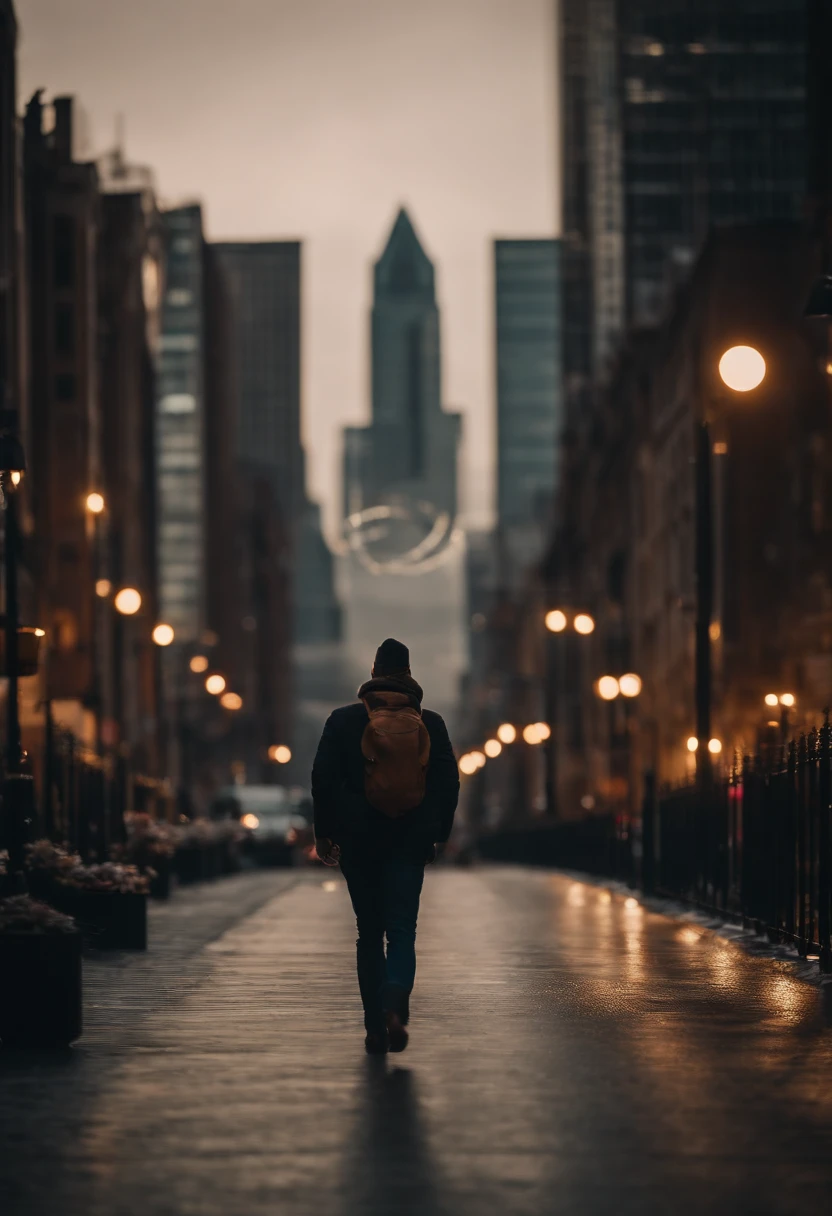 a lifestyle shot of a person walking through a bokeh cityscape background, with circle lights creating a halo effect around them, adding a sense of motion and storytelling to the design