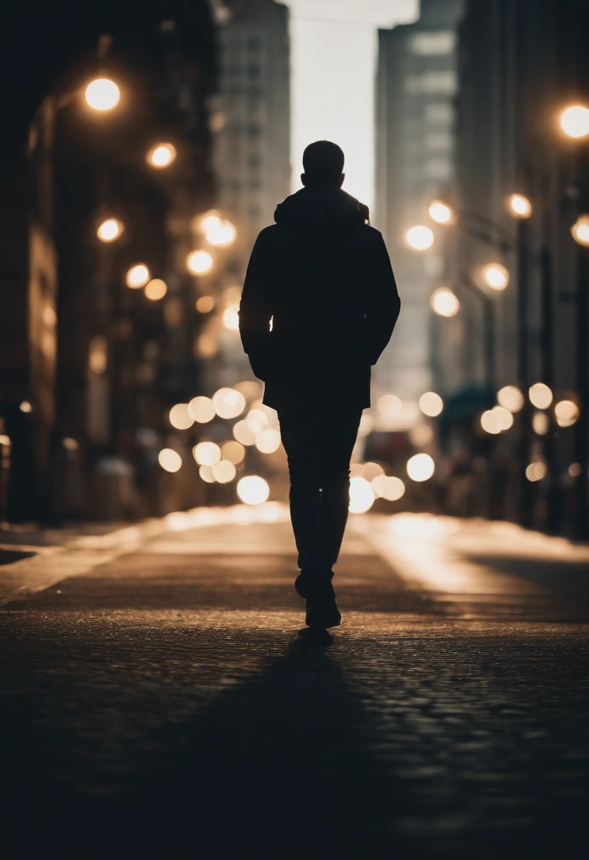 a lifestyle shot of a person walking through a bokeh cityscape background, with circle lights creating a halo effect around them, adding a sense of motion and storytelling to the design