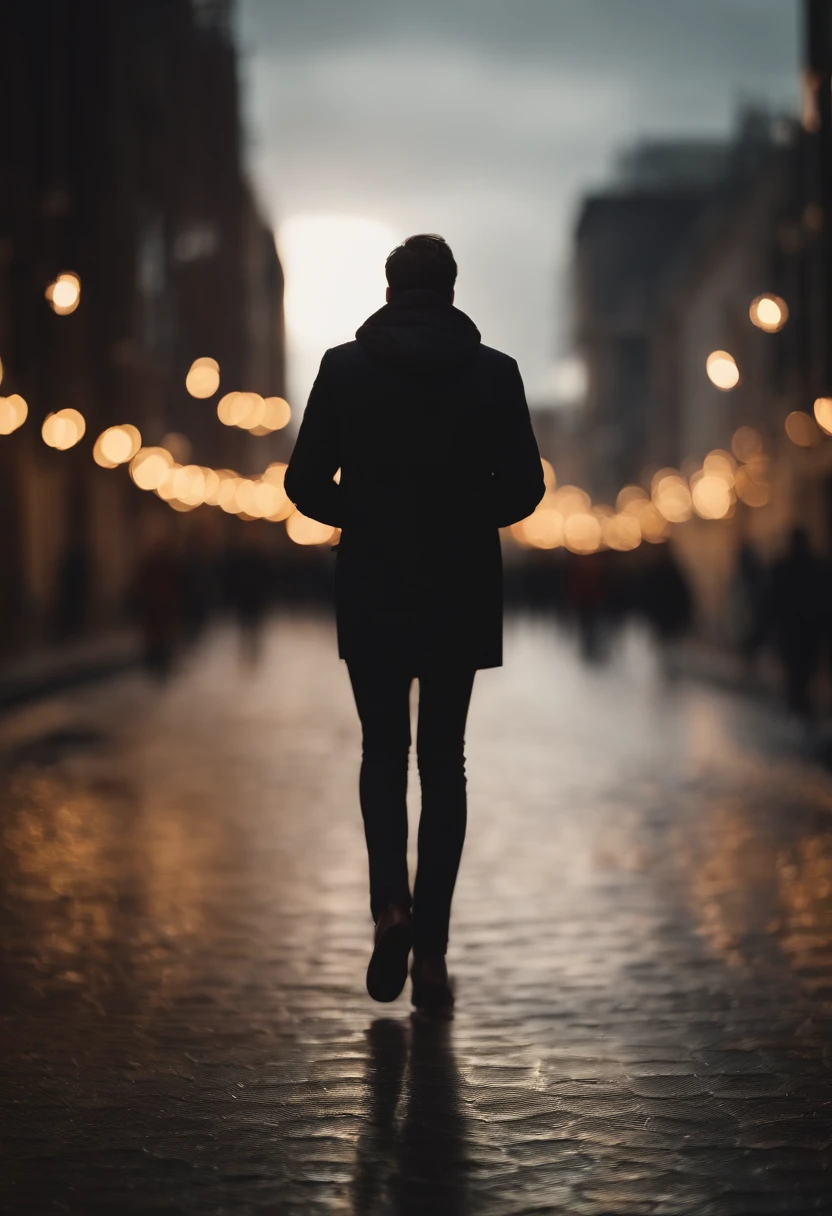 a lifestyle shot of a person walking through a bokeh cityscape background, with circle lights creating a halo effect around them, adding a sense of motion and storytelling to the design