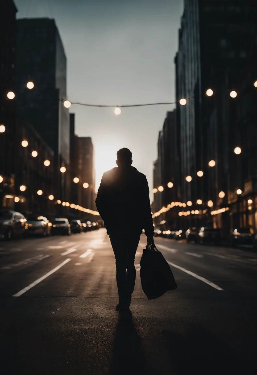 a lifestyle shot of a person walking through a bokeh cityscape background, with circle lights creating a halo effect around them, adding a sense of motion and storytelling to the design