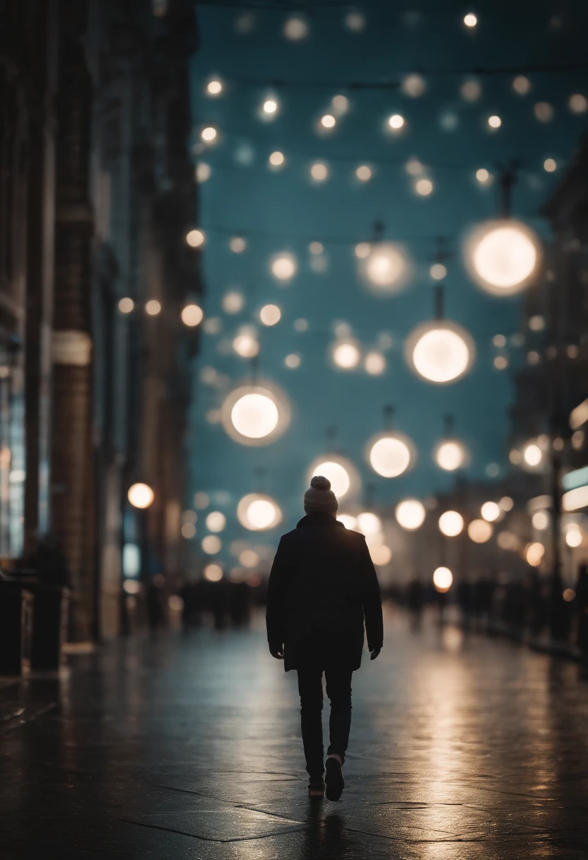 a lifestyle shot of a person walking through a bokeh cityscape background, with circle lights creating a halo effect around them, adding a sense of motion and storytelling to the design