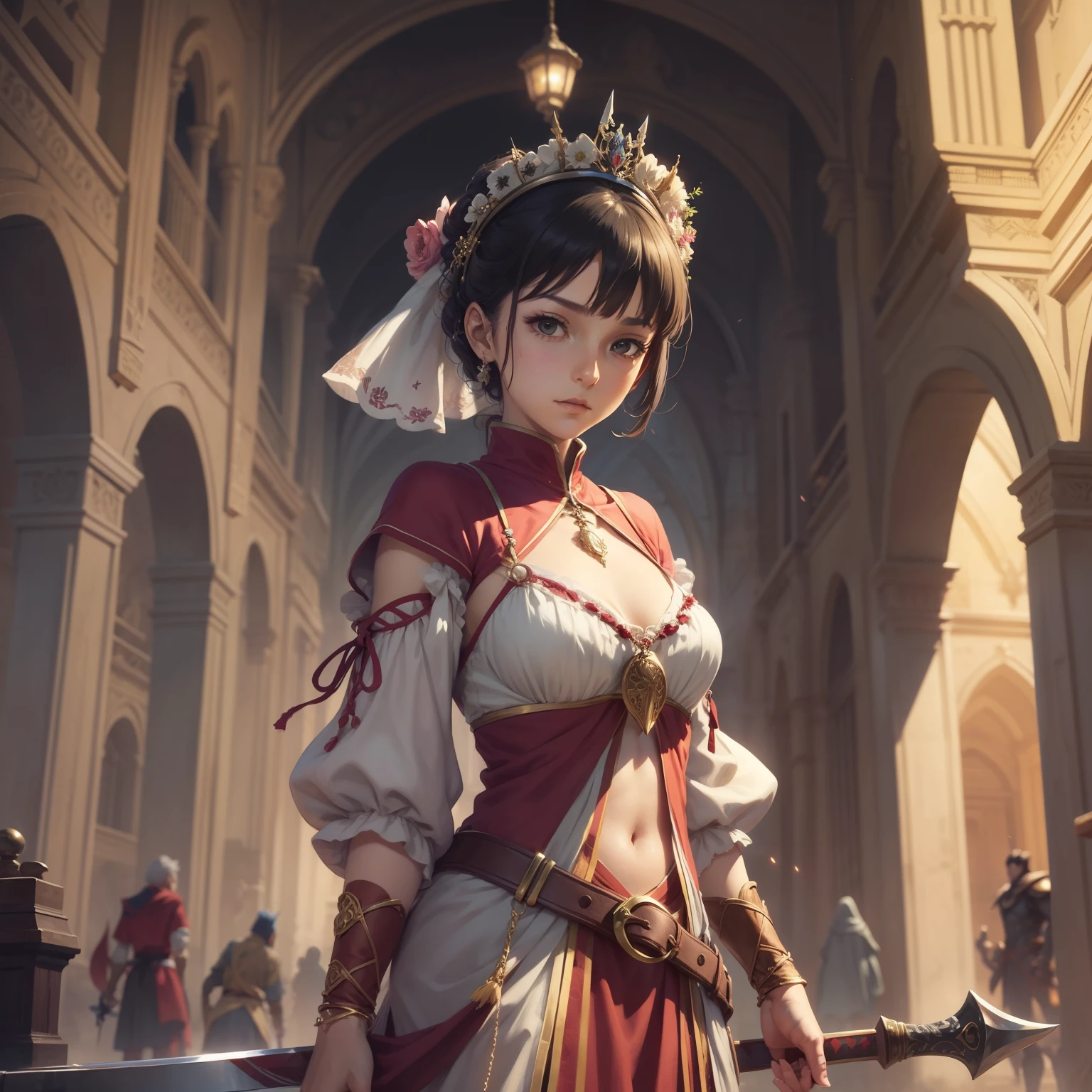 Calidad superior. Pintura de Akihiko Yoshida. 插圖. character design. Mujer. A world of swords and sorcery. verano. sudar. minifalda. Sentarse y abrir la entrepierna.