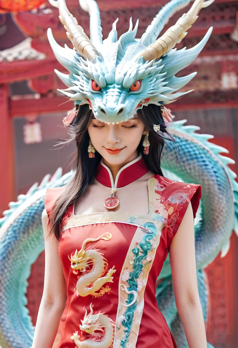A cute Chinese girl,Standing next to the Chinese dragon, cyber punk personage, Red cotton jacket,TRADITIONAL CHINESE COSTUMES,Double ball hairstyle,Dragon in the background, Mechanical elements,rainbowing,a hologram,tmasterpiece,ultraclear,UE5,bailing_eastern dragon