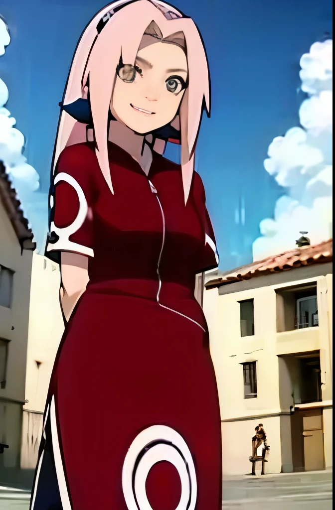 Obra maestra, La mejor calidad, 1girl,Haruno Sakura, cabello rosado, Cabello largo, ojos verdes, protector de frente, They are smiling, manos en las caderas, cielo azul, nube, Pueblo escondido,