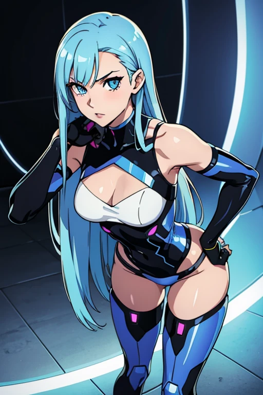 sexy girl long ice blue hair eyes shiny, leaning to viewer, hand on hips lean forward to viewer, curvy, thigh highs wide hips small waist, tits normal, nice ass small shoulders, bodysuite looking like cyborg, feminine accentuated