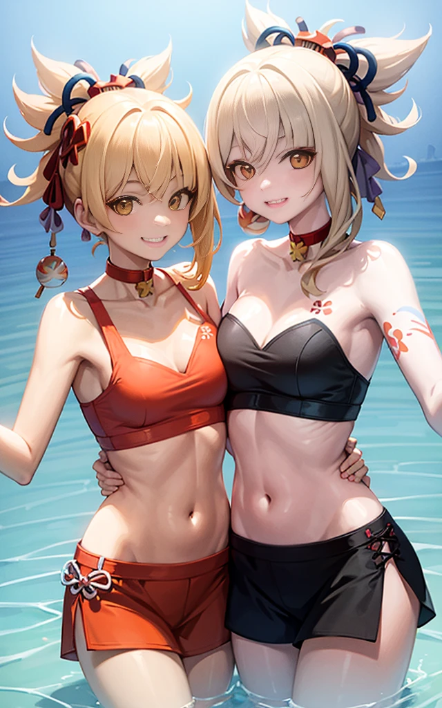 Two girls smiling in the water in the bathtub without showing their teeth. Female twins， vibrant with colors，Natural lighting, best quality, chest to chest, holding each other, sunny masterpiece, showing navel