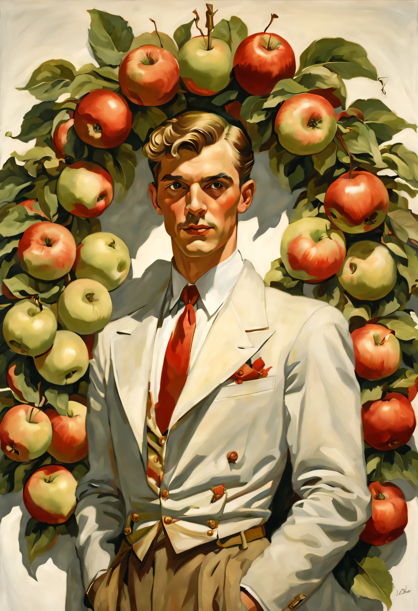 Painting of a man with a wreath of apples in front of him, Henoch Bolles, inspiriert von Joseph Christian Leyendecker, Leyendecker-Stil, Inspiriert von J.c. Leyendecker, inspiriert von Frank Xavier Leyendecker, Inspiriert von J. c. Leyendecker, Edward, J C LeyendeCker 8 K, JC Leyendecker
