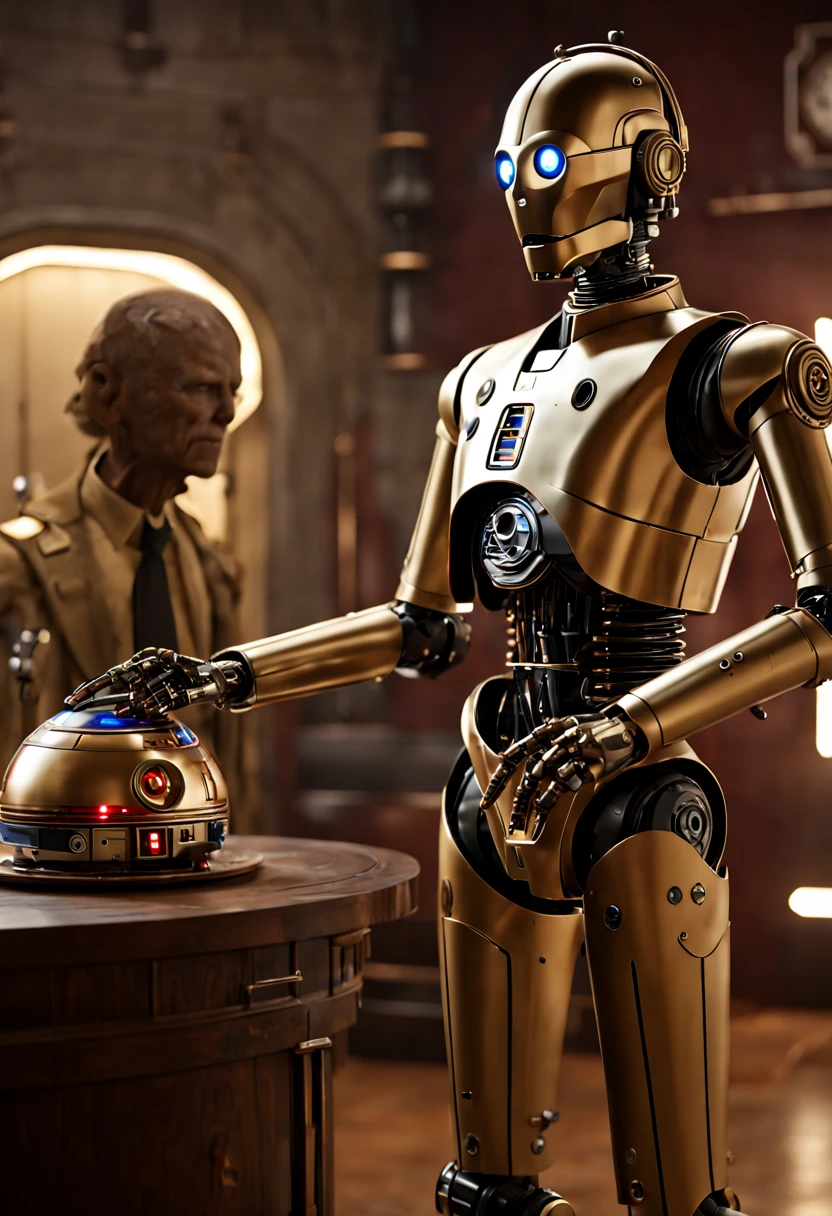 Threepio in "star war", Robot Butler, indoors, enhance, intricate, (best quality, masterpiece, Representative work, official art, Professional, unity 8k wallpaper:1.3)