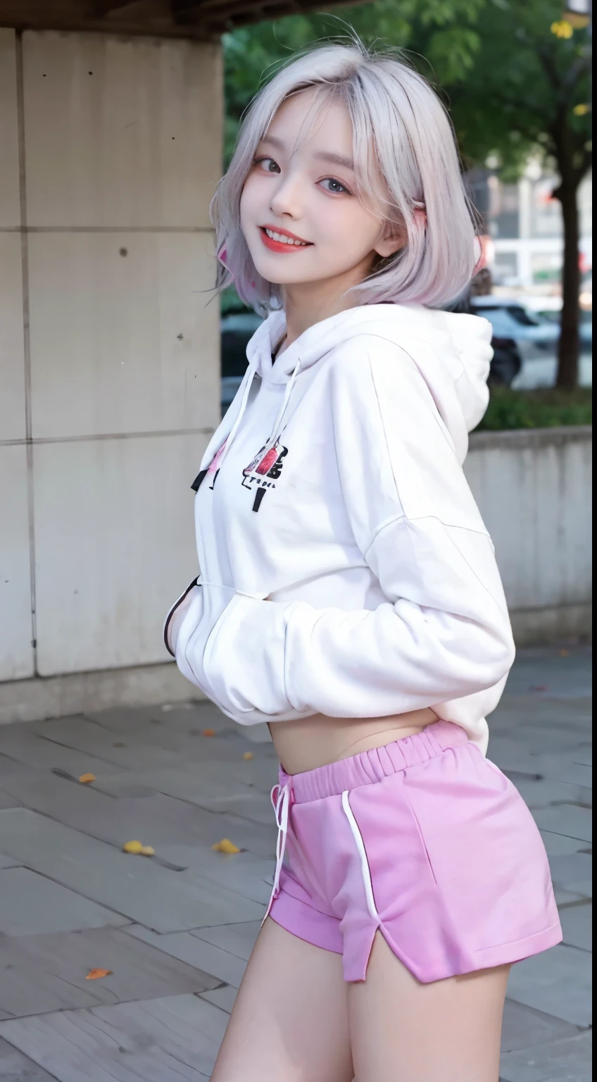 Top image quality、Raw photography、超A high resolution、21-year-old Korean、small tits、Dynamic angles、Cowboy Shots、The most beautiful forms chaos、elegent、Brutalist design、Vibrant colors、beautiful white hair、a short bob、laugh、smil、shiny white skin、Beautiful eyes with random colors、beautiful eyes finely detailed、elongated eyes、thin lipss、pale pink blush、long eyeslashes、beautiful double eyelid、eyeshadows、a park、Big hoodie、hotpants、shot from a side angle、sexy pose