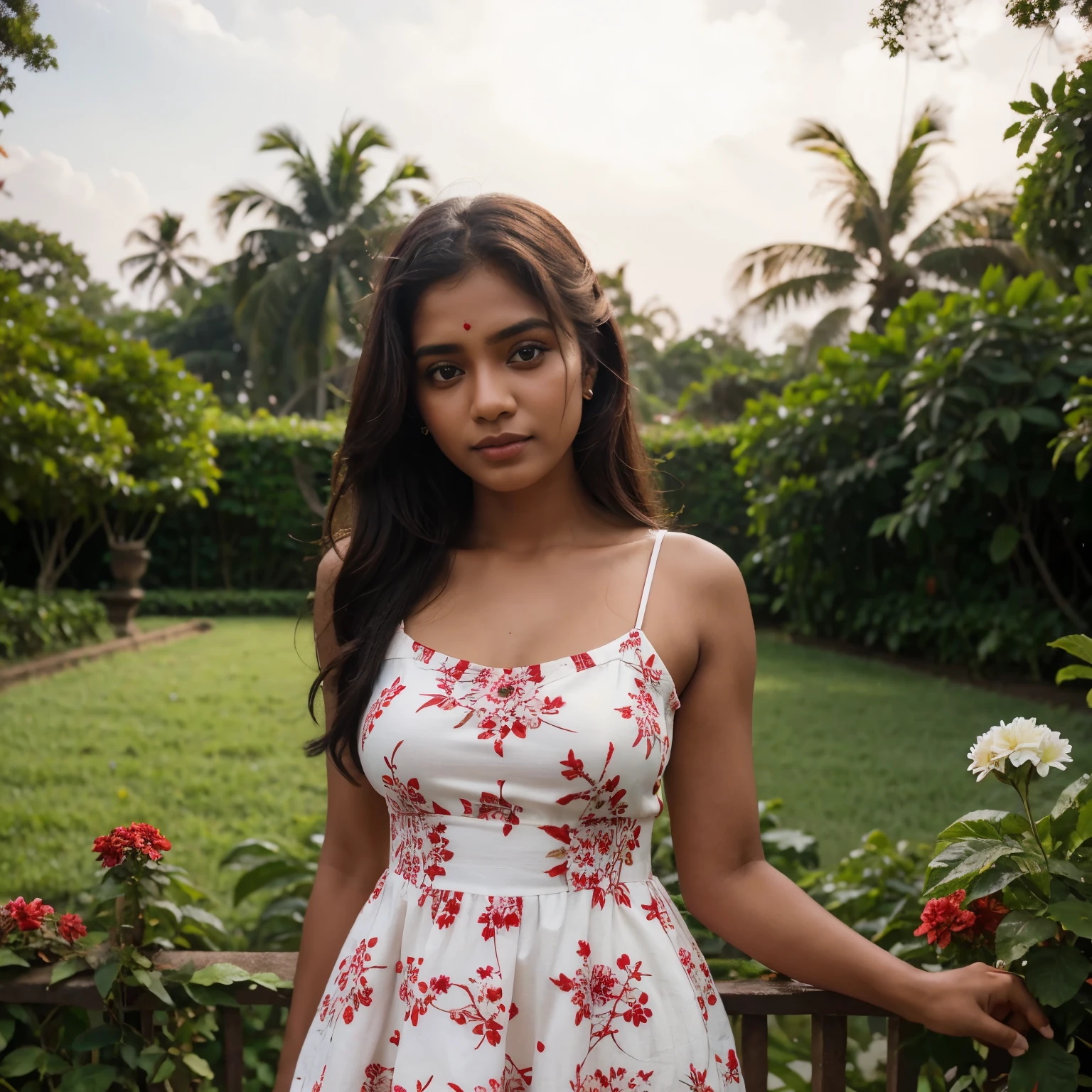 Sri lankan 30 years girl in garden wearing red colour white flowers  short frock romantic eyes