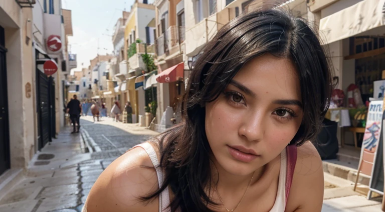 photo of a hot girl in the streets of greece, black hair, dashed eyes, sexy body, athletic body, light blush, chromatic aberration, bloom, UHD, masterpiece, ccurate, anatomically correct, textured skin, super detail, high details, high quality, best quality, highres, realistic, shot on iphone