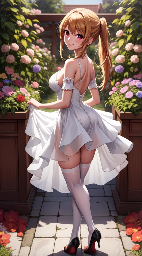 anime, beautiful face, highly detailed face, 2 accurate legs detailed eyes, highly detailed background, perfect lighting, accurate arms, accurate hands, accurate fingers, full body, 1girl, solo, ruby hoshino, oshi no ko, indoors, detailed heels, white detailed thighhighs, outdoor, ina garden of flowers, absurdres, high res, ultrasharp, 8K, masterpiece, looking at viewer, elegant pose, (full body:1.4), smiling with compassion, teasing smile, detailed dress, patterned wedding dress, cleavage, standing, view from behind, ass view, looking over her shoulders