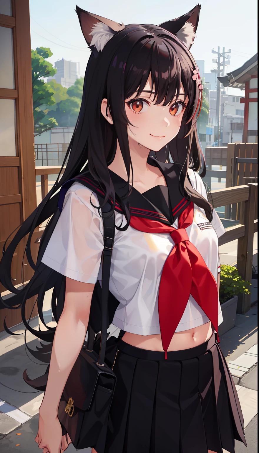 1girl in、A smile、The shirt、skirt by the、（small tits）Chilarism、Japan High School Student Uniform、serafuku、summer clothing、Squall Drenched Uniform、Sheer Bra、Fox earlonde hair、（Upper body portrait）、
