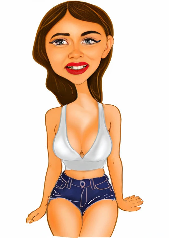 mulher de desenho animado com seios grandes em uma blusa branca e shorts azuis, arte dos desenhos animados, in cartoon style, arte digital dos desenhos animados, mulher morena, mulher bonito, in illustration style digital, desenho animado de arte digital, Cartoon style illustration, desenho animado altamente detalhado, Close-up de corpo inteiro, estilo caricatura, hd illustration, estilo vetorial cartunesco, character is in her natural pose