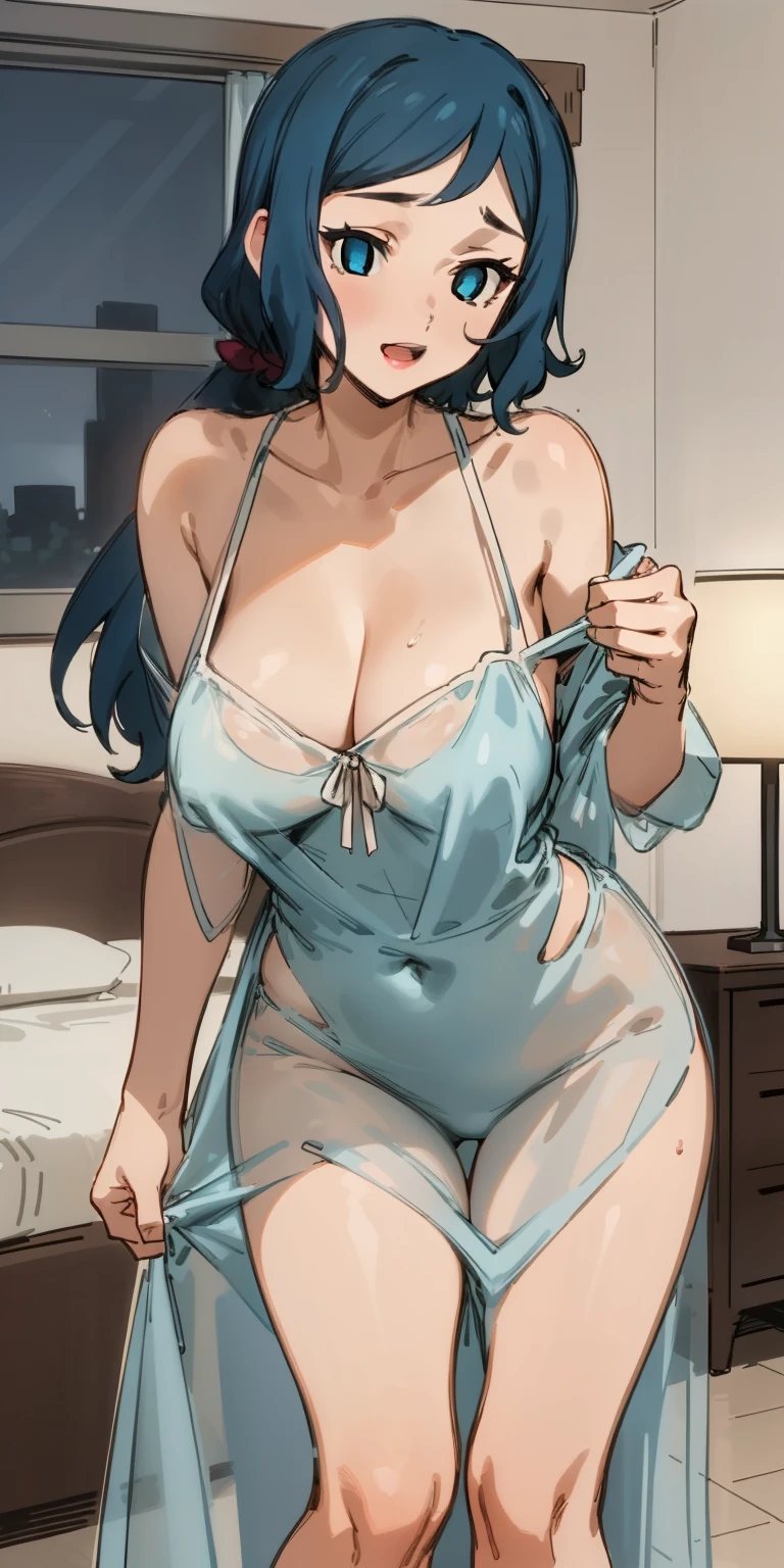 (Masterpiece),Best Quality, ultra-detailed, perfect hands,perfect legs, Delicate eye expression, 1girl (rinko_iori, Sexy, A voluptuous and sexy body, Big breasts, naked body, dark blue hair, long hair, blue eyes (empty eye)),open mouth, solo, nude, see-through nightgown,undressing, Late at night, in a bedroom, standing, ,  Sexy waist teasing ,