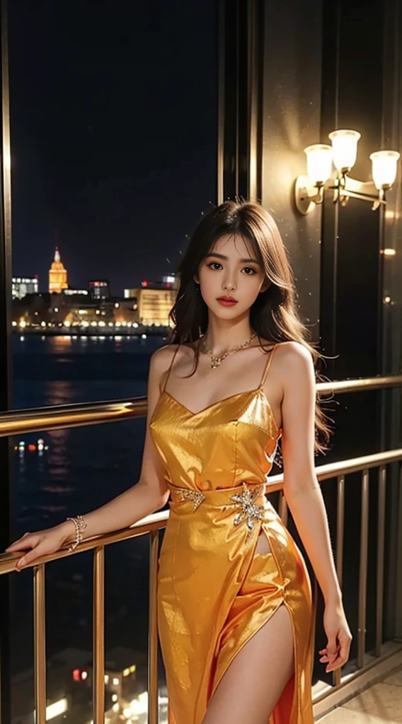 8K, ultra hd, masterpiece, 1 girl, good face, long hair, detailed eyes, glossy lips, medium breast, princess dress, orange dress, strap dress, bare waist:1, lace, necklace, jewellery, in the night club, reflection on dress:1.5, yellow lighting,