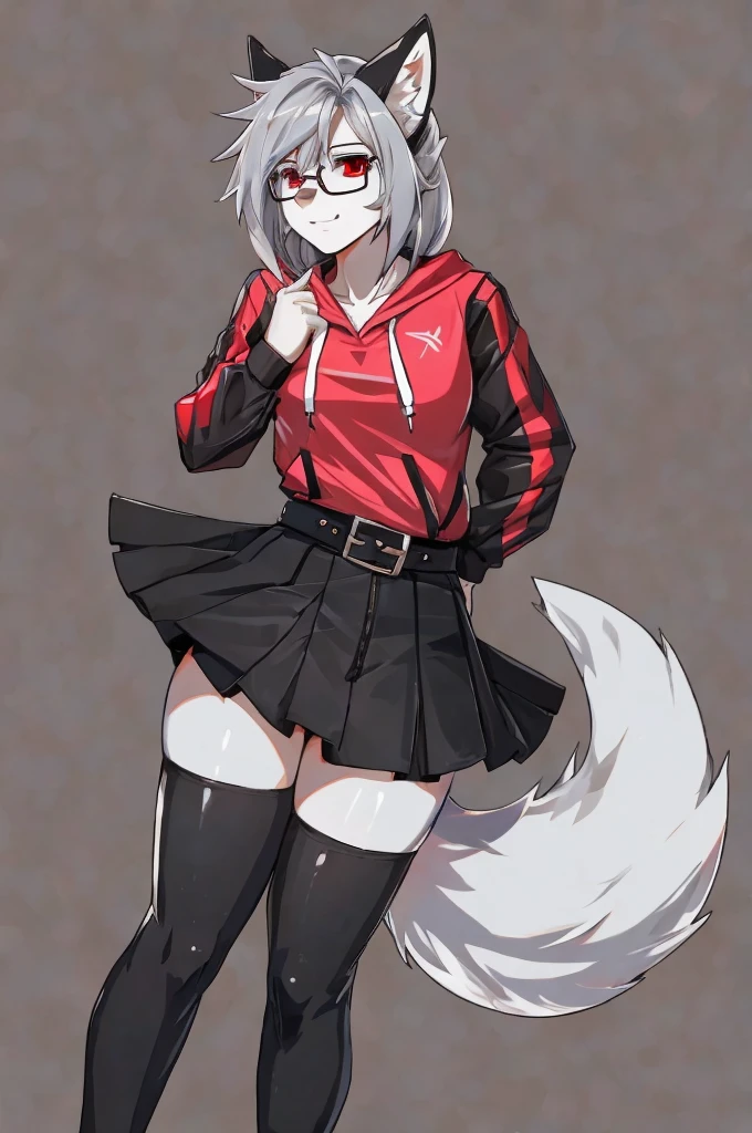 sexy female, silver hair, gray fur, wolf ears, wolf tail, red eyes, black zip up hoodie, pink shirt, gray denim skirt, black belt , glasses, black toeless thigh high socks