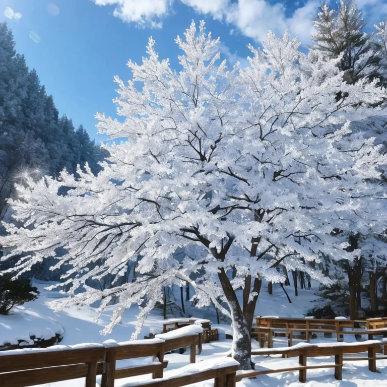 Beautiful as winter crystal、Pure white created by the wind。Its delicate crystals envelop branches and leaves、Imagine sparkling in the sun。Clear blue sky and snowy mountains々Background with々spread、among them, The tree becomes the protagonist。 Wood details are okay.、Emphasize that each crystal has a unique shape。