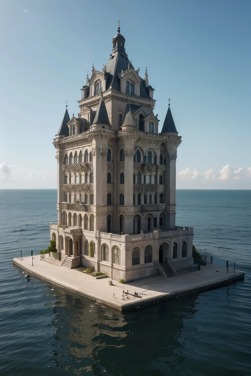 Exquisite und detaillierte Zeichnung, Tall and complex building on a single island, am Meer, sonnig, reich, stilvoll, opulent, Highly detailed, mystisch, skurill, 3D, Escher style, best qulaity, Meisterwerk