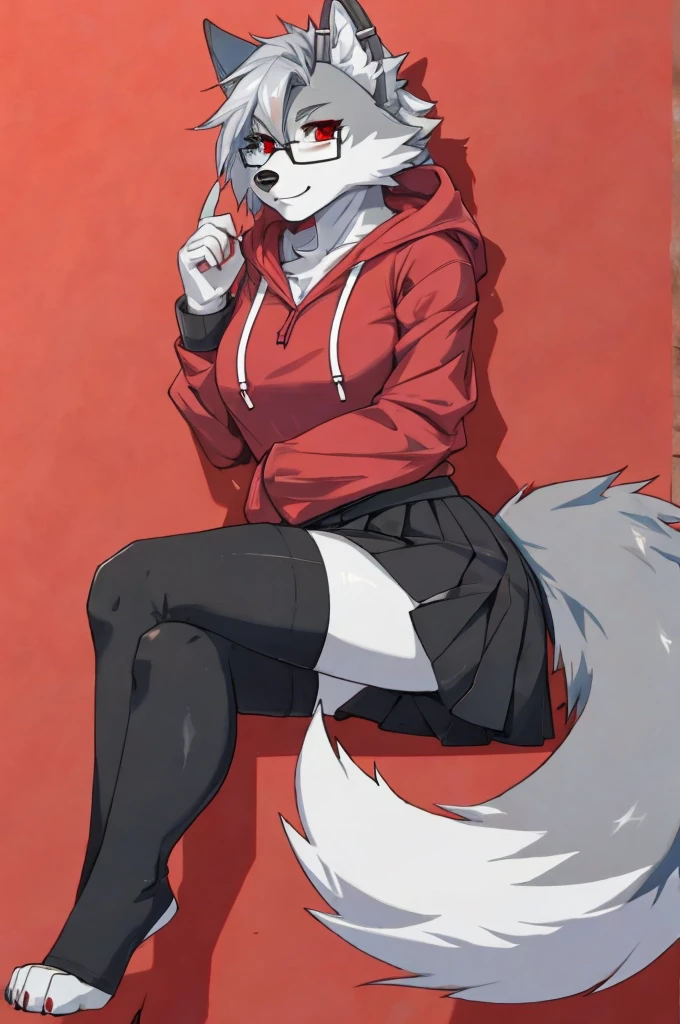 sexy female, silver hair, gray fur, wolf ears, wolf tail, red eyes, black zip up hoodie, pink shirt, gray denim skirt, black belt , glasses, black toeless thigh high socks