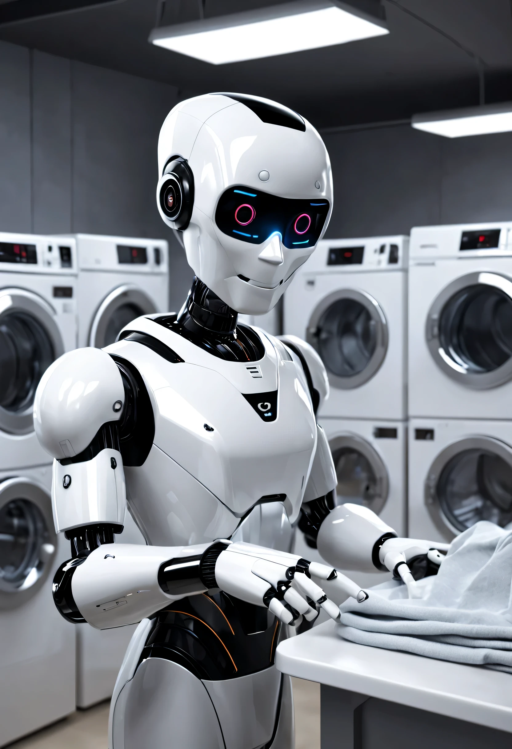 erik jones style, Robot butler is ironing clothes in the background of the laundry room,, The head is equipped with a high-definition analog face display, Warm and friendly smile, Wearing a holographic white butler uniform, Future character design, sci-fy, Black technology, 3D,