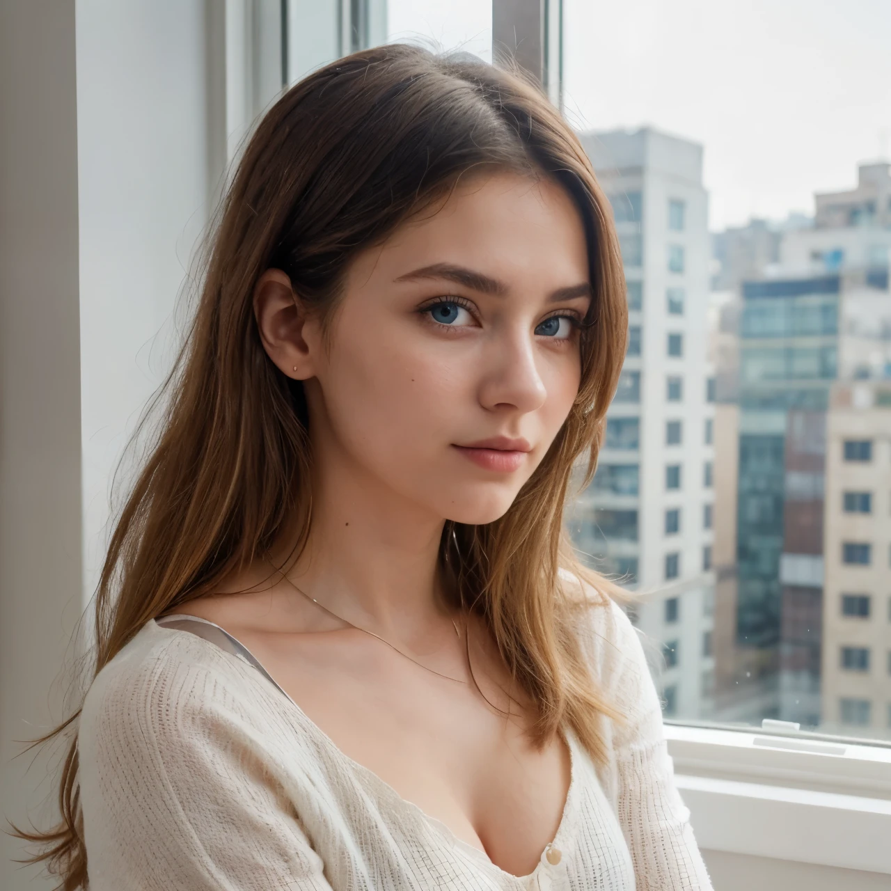 (Please generate an image of a young woman wearing a shirt and necklace. She has blonde hair, bigger, Blue eyes, and a subtle, natural makeup. The photo should show that she has no obvious makeup, She should look directly into the camera.she is having a visible orgasm. The face should look real and natural. Full body shots of this attractive woman should feature eye-catching poses, She has sharp blue eyes. The girl has a sweet temperament, And the posture should be sweet too. Please make sure the woman's entire body is visible in the image. The background should be clear、Neatness. The details of the image should be of high quality(Best quality at best)), ((tmasterpiece)), (Detailed pubic hair), s the perfect face
