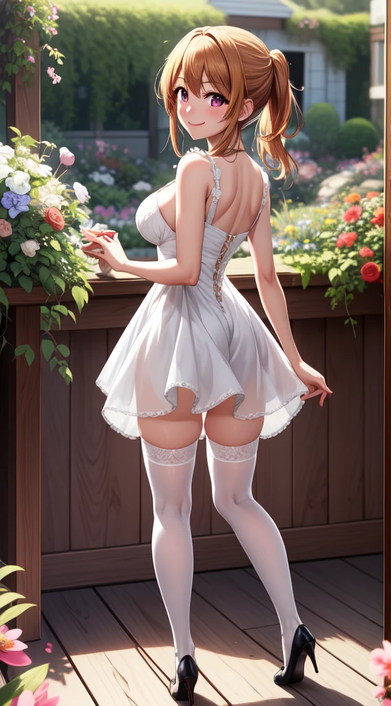 anime, beautiful face, highly detailed face, 2 accurate legs detailed eyes, highly detailed background, perfect lighting, accurate arms, accurate hands, accurate fingers, full body, 1girl, solo, ruby hoshino, oshi no ko, indoors, white detailed heels, white detailed thighhighs, outdoor, ina garden of flowers, absurdres, high res, ultrasharp, 8K, masterpiece, looking at viewer, elegant pose, (full body:1.4), smiling with compassion, teasing smile, detailed dress, patterned wedding dress, cleavage, standing, view from behind, ass view, looking over her shoulders