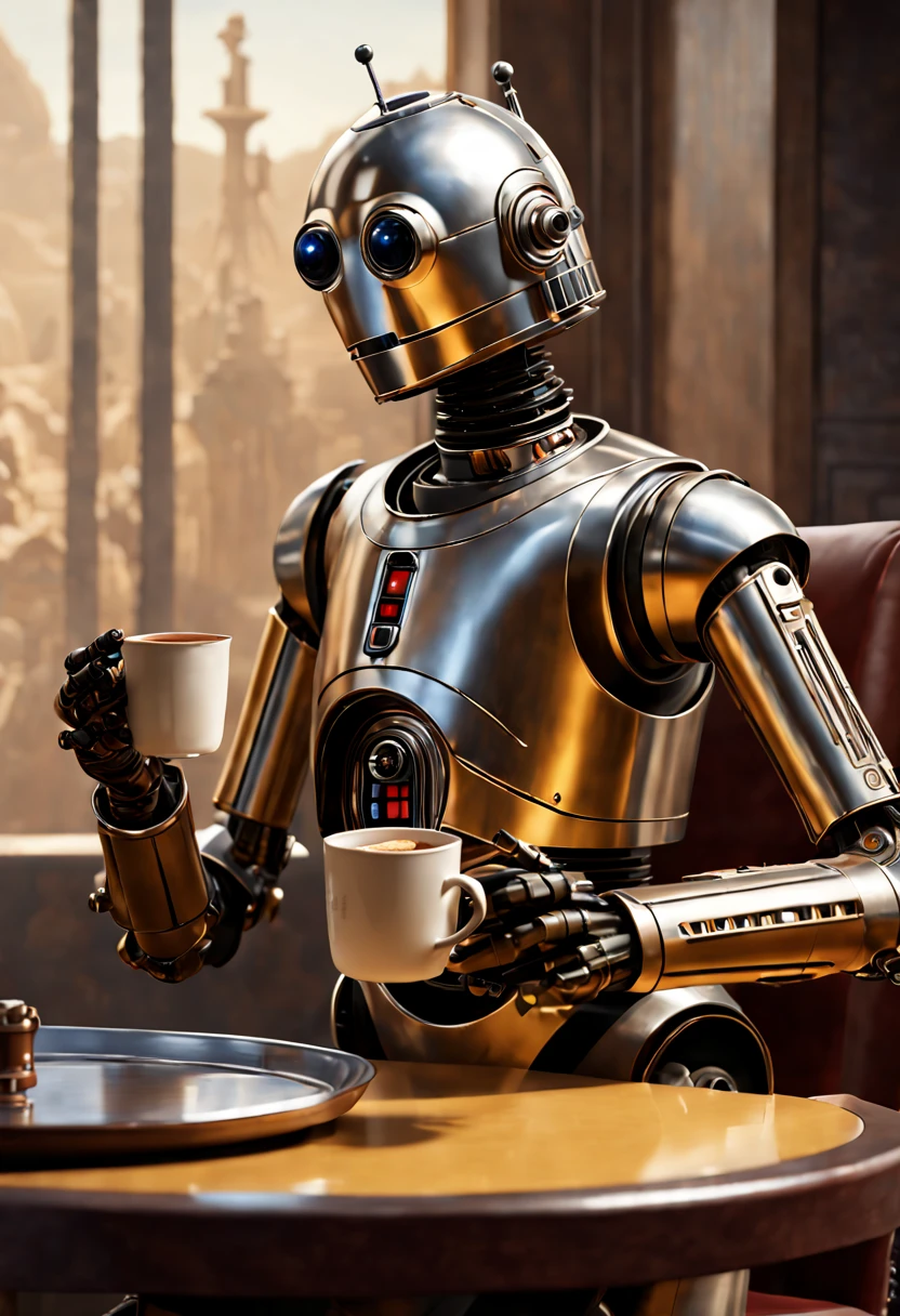 Threepio in "star war" as Robot Butler, holding a steaming cup of coffee on a tray, R2-D2, by Ralph McQuarrie, enhance, intricate, (best quality, masterpiece, Representative work, official art, Professional, unity 8k wallpaper:1.3)