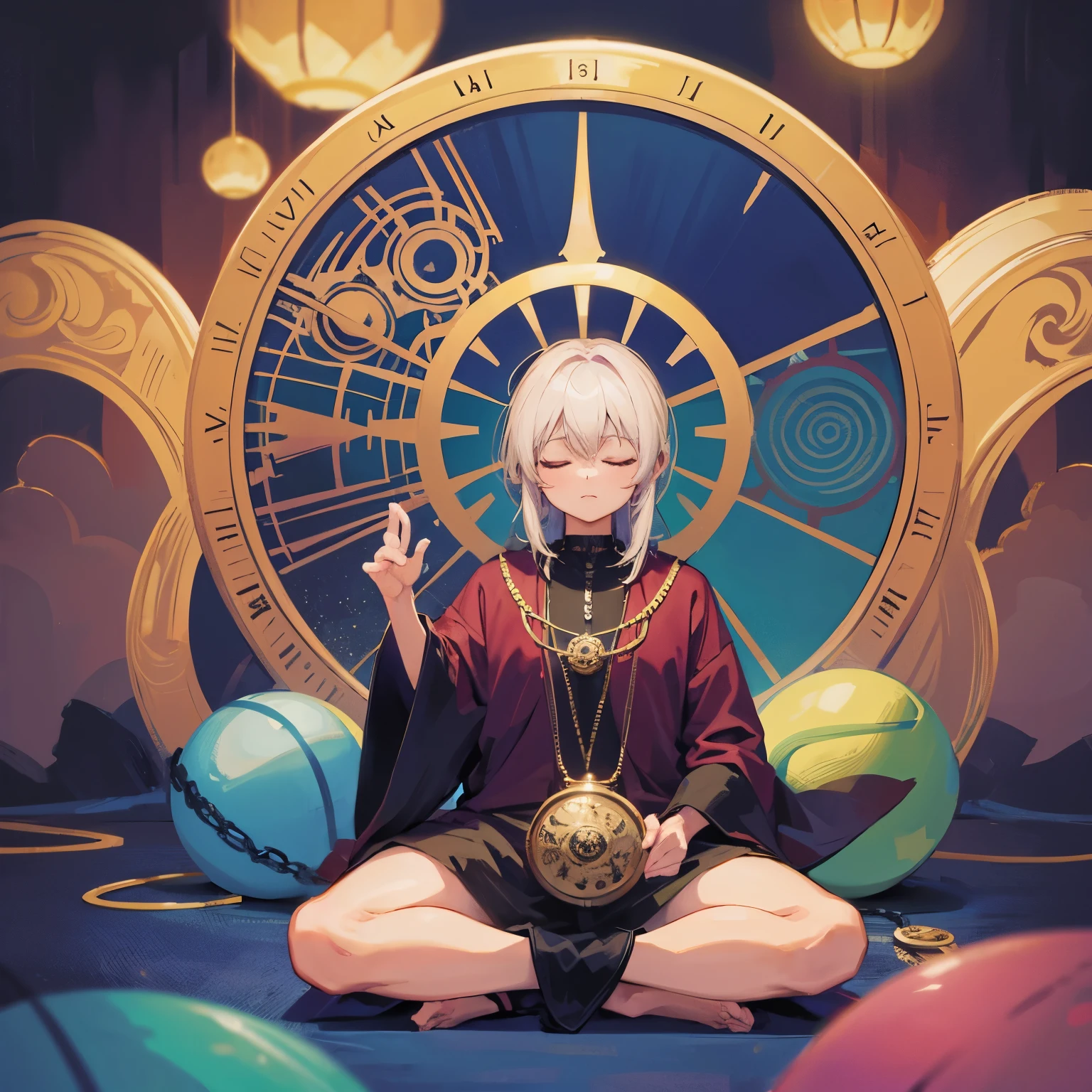 art work mandala landscape meditating on the floor left and right eyes closed an old man with malice heart-shaped pocket watch