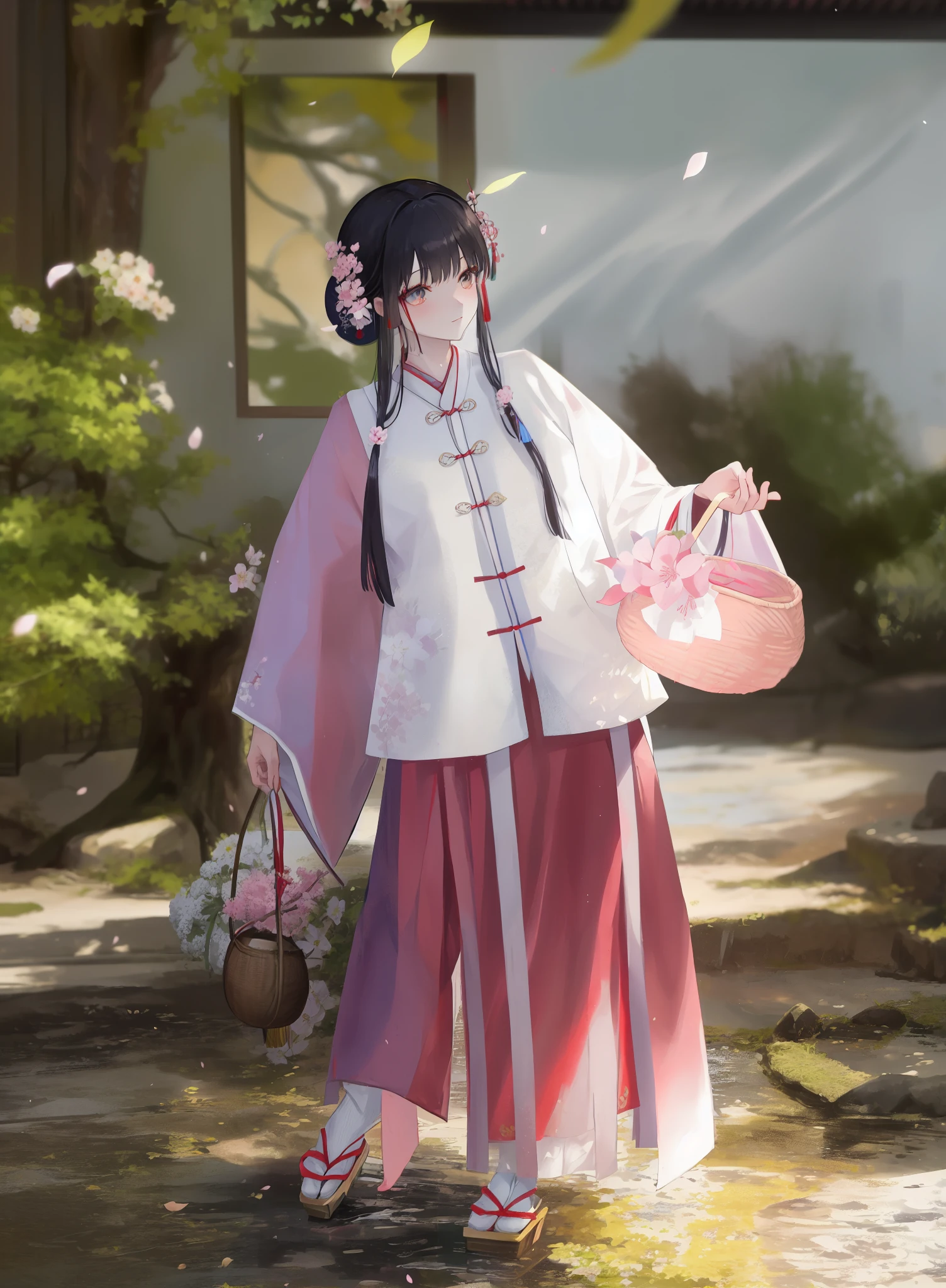 arafed asian woman in traditional dress holding a basket and a fan, hanfu, white hanfu, palace , a girl in hanfu, with acient chinese clothes, traditional chinese clothing, wearing ancient chinese clothes, chinese costume, flowing sakura-colored silk, flowing sakura silk, pale and coloured kimono, japanese clothes, dressed with long fluent clothes