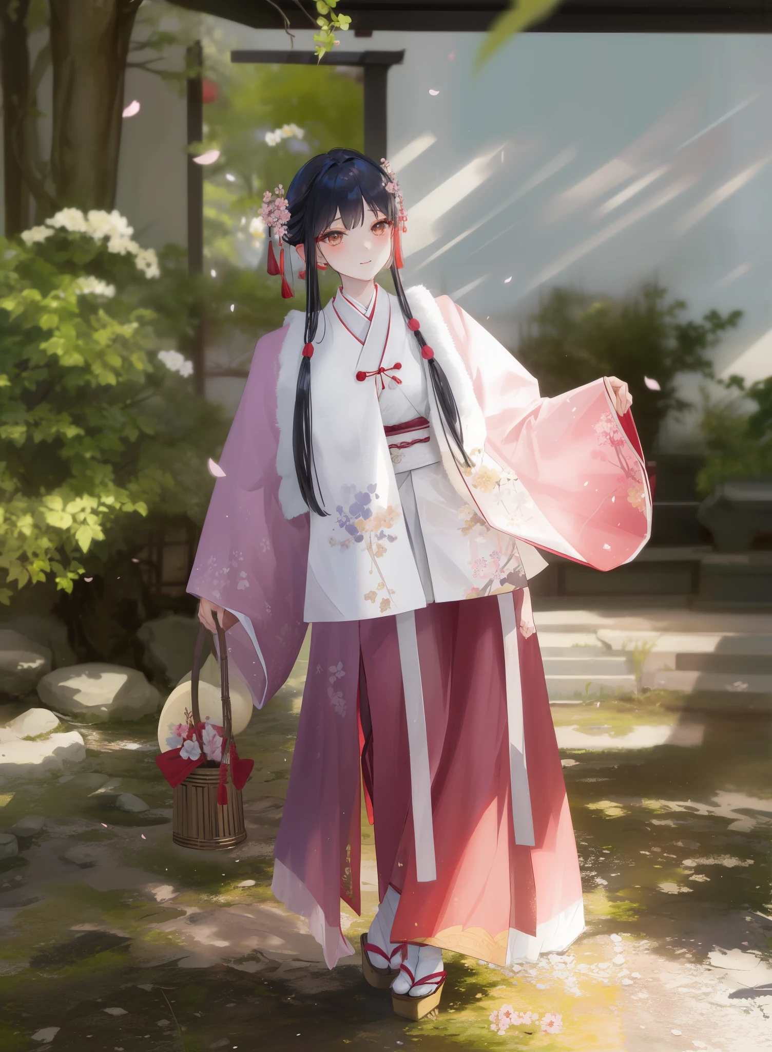arafed asian woman in traditional dress holding a basket and a fan, hanfu, white hanfu, palace , a girl in hanfu, with acient chinese clothes, traditional chinese clothing, wearing ancient chinese clothes, chinese costume, flowing sakura-colored silk, flowing sakura silk, pale and coloured kimono, japanese clothes, dressed with long fluent clothes