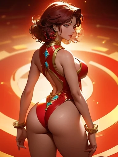 Saint Seiya,1girl in, red short hair,Spiral perm,all-fours ,top down bottom up, Look back, High quality, Leotard, armor