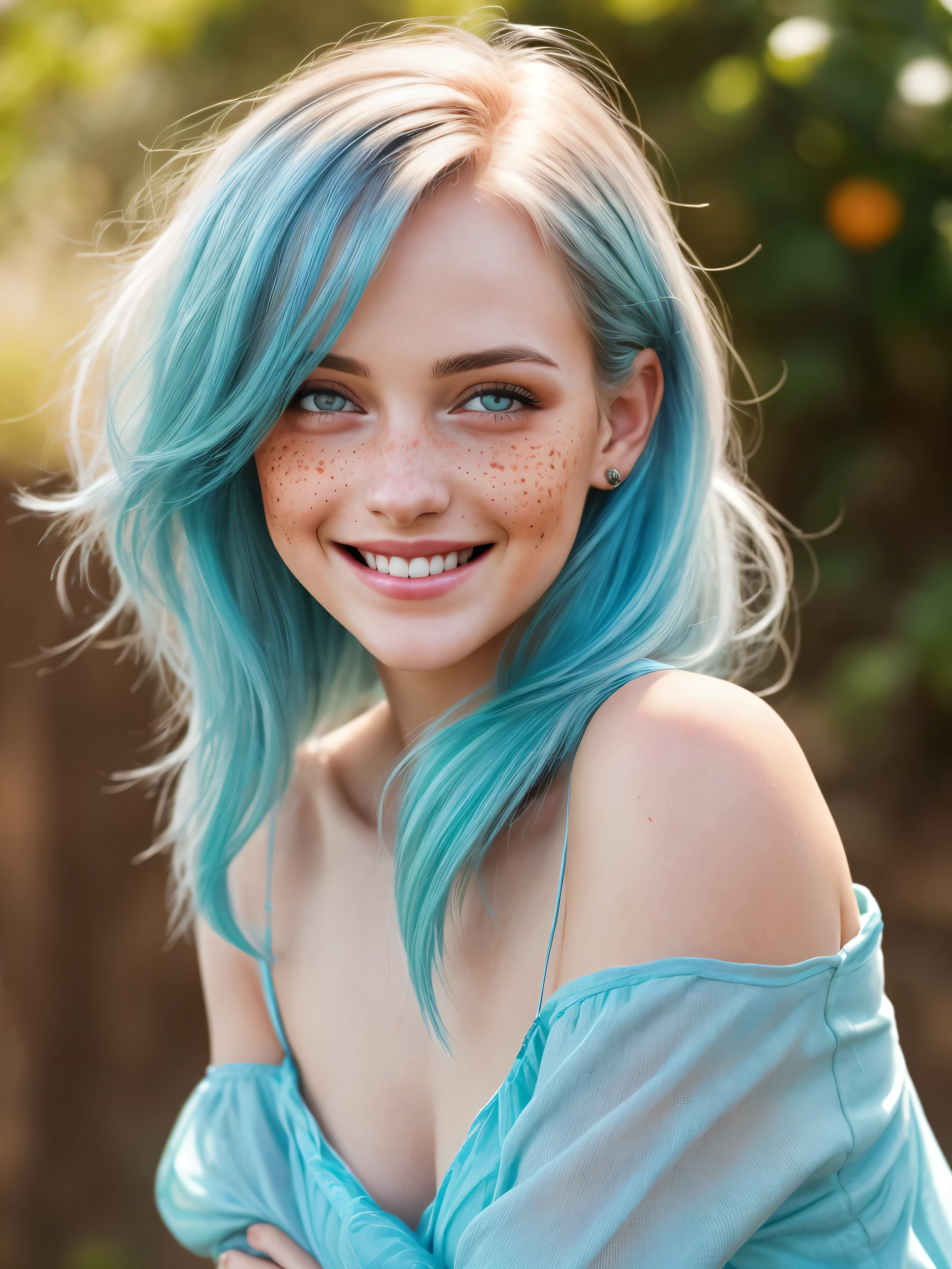 (Realistic:1.5), Very detailed photo of a stunningly beautiful young woman in tiny clothes.. Long scorched blue hair flutters in the wind . Dazzling and glowing orange-red eyes, freckles and blush. The mouth smiles widely with joy. leaned over to the camera, playfully crossing his arms behind his back.. Freedom-loving personality. Looking straight into the camera and winking