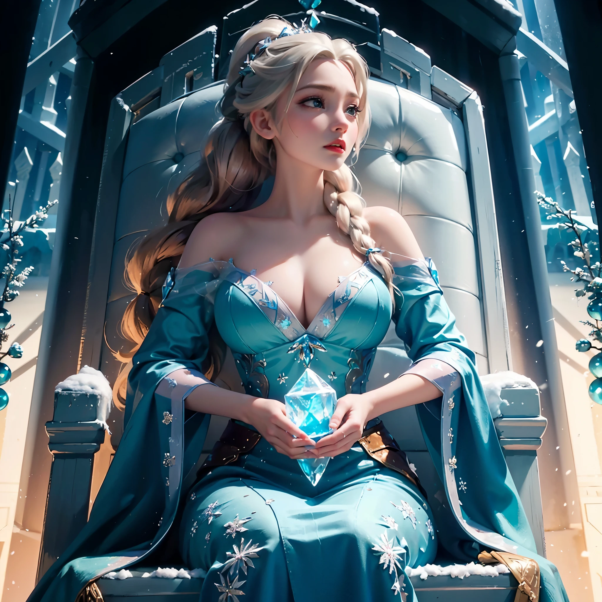 Generate elsa from frozen disney movie , (((braid ponytail hair))), medium breast, show cleaveage, (inside castle made from ice, sit on throne made from ice), (icy ornaments), wearing gown made from ice, aurora on the sky of northpole, snow fall, beautifull scenary, 8k, masterpiece, best quality:1.2),,(8k,highres,RAW photo,realistic,photo-realistic:1.3),(detailed skin texture,detailed cloth texture,beautiful detailed face:1.25),professional lighting,photon mapping,beautiful soft light,radiosity,physically-based rendering,raytracing, model shoot style, model shoot style, (extremely detailed CG unity 8k wallpaper), full shot body photo of the most beautiful artwork in the world,