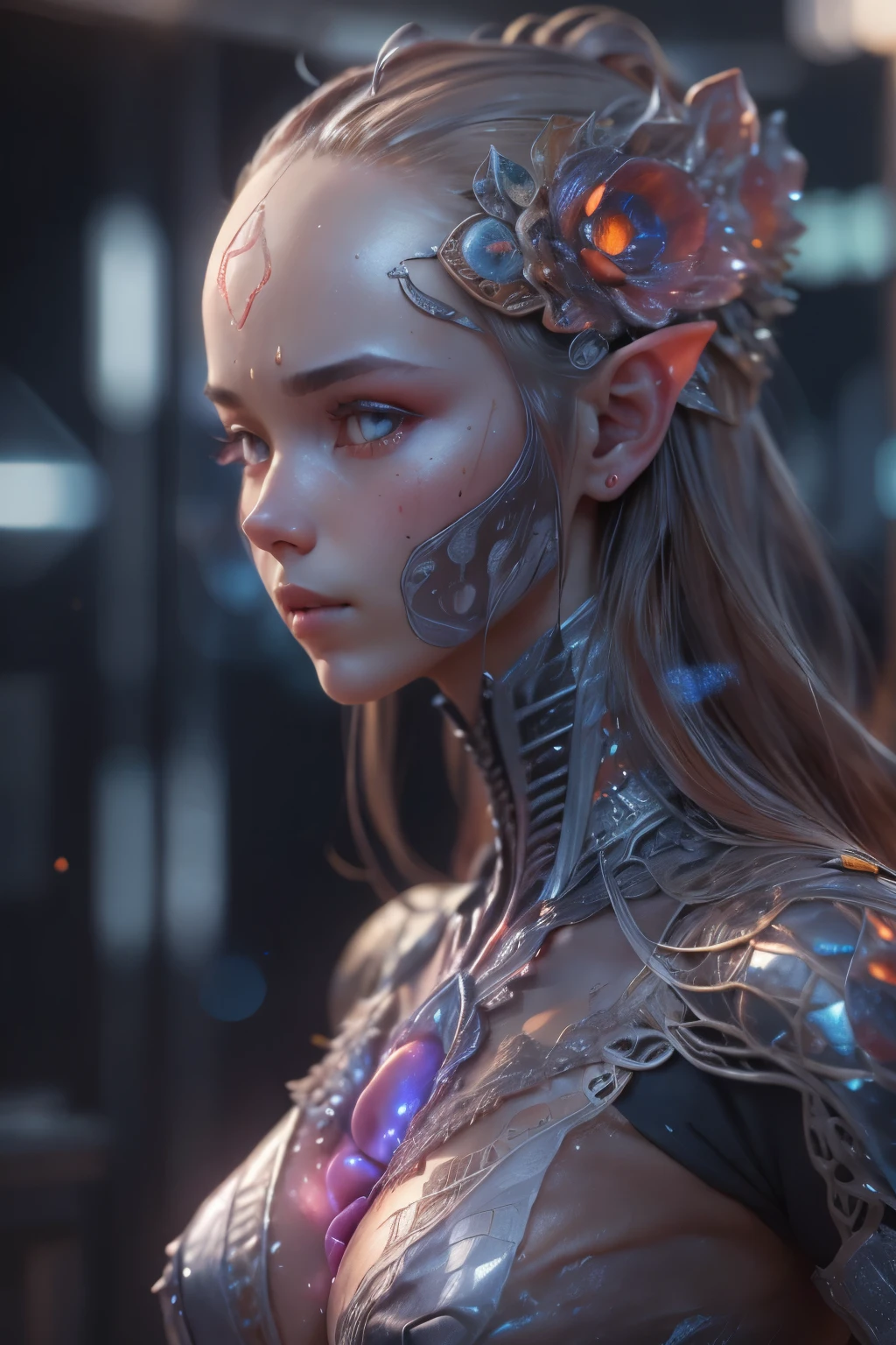 Portrait, (beautiful female alien:1.2), (There is a female genital-like organ in the middle of the forehead.:1.8), (The most beautiful face in the history of the universe:1.2), (has eyes like a shark:1.6), (Super detailed skin quality feeling:1.4), Perfect Anatomy, (Beautiful toned body:1.5), (Moist skin:1.2), extraterrestrial, cell, bio image, Best Quality, 8K,4K_quality, High Definition, Dramatic Lighting, masutepiece:1.5,cinematic quality, detail up, (Intricate details:1.2), High resolution,