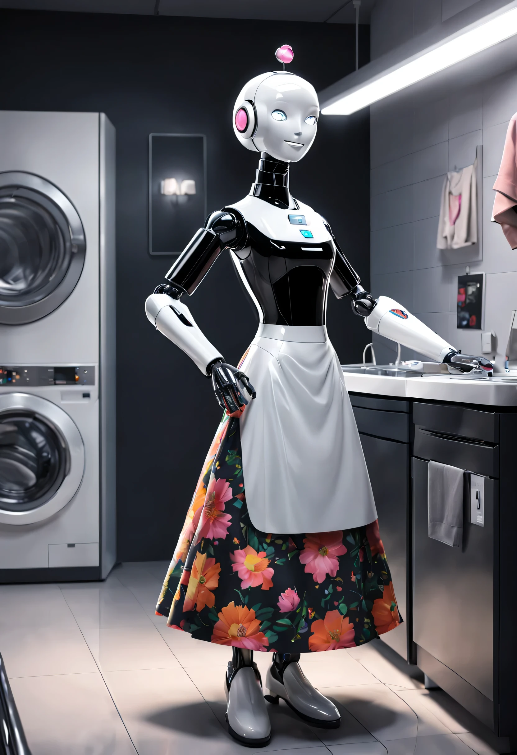 erik jones style, Robot butler is ironing clothes,Wearing a retro floral skirt, The head is equipped with a high-definition analog face display, Warm and friendly smile, Wearing a holographic white butler uniform, Background with：laundryroom，Future character design, sci-fy, Black technology, 3D,