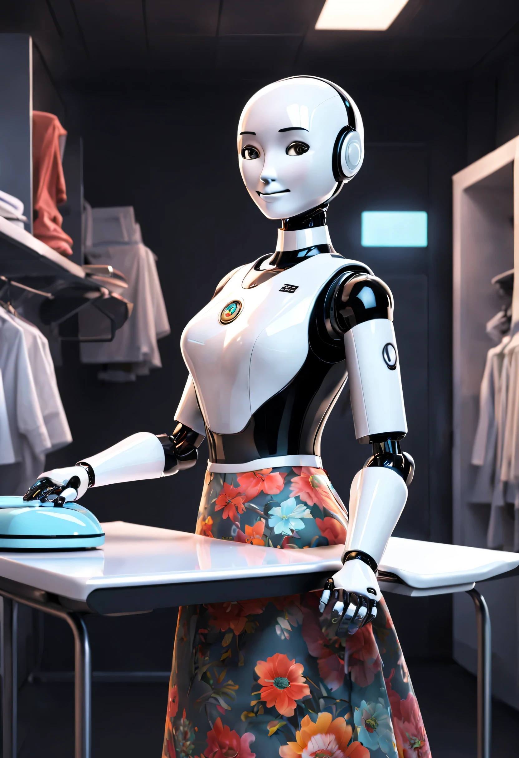 erik jones style, Robot butler is ironing clothes,Wearing a retro floral skirt, The head is equipped with a high-definition analog face display, Warm and friendly smile, Wearing a holographic white butler uniform, Background with：laundryroom，Future character design, sci-fy, Black technology, 3D,