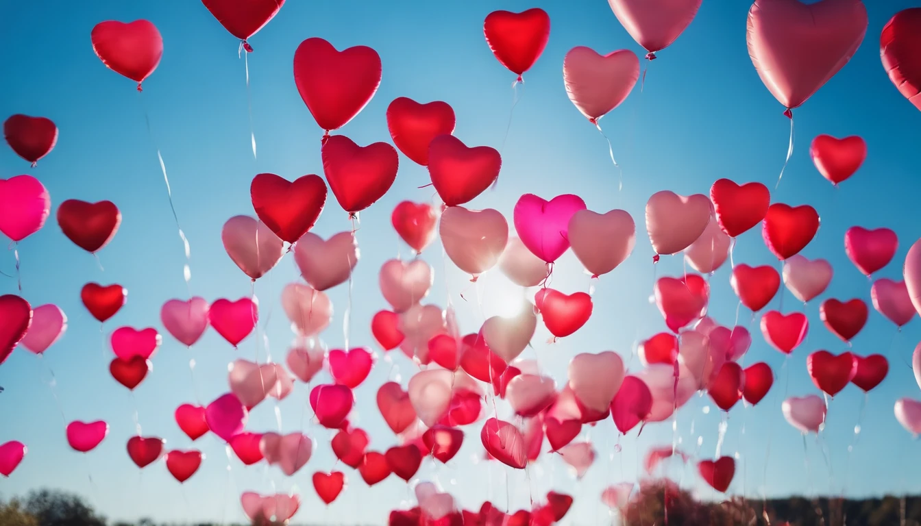 An aesthetic photo of an arrangement of heart-shaped balloons in various shades of pink and red against a bright, blue sky, creating a whimsical backdrop