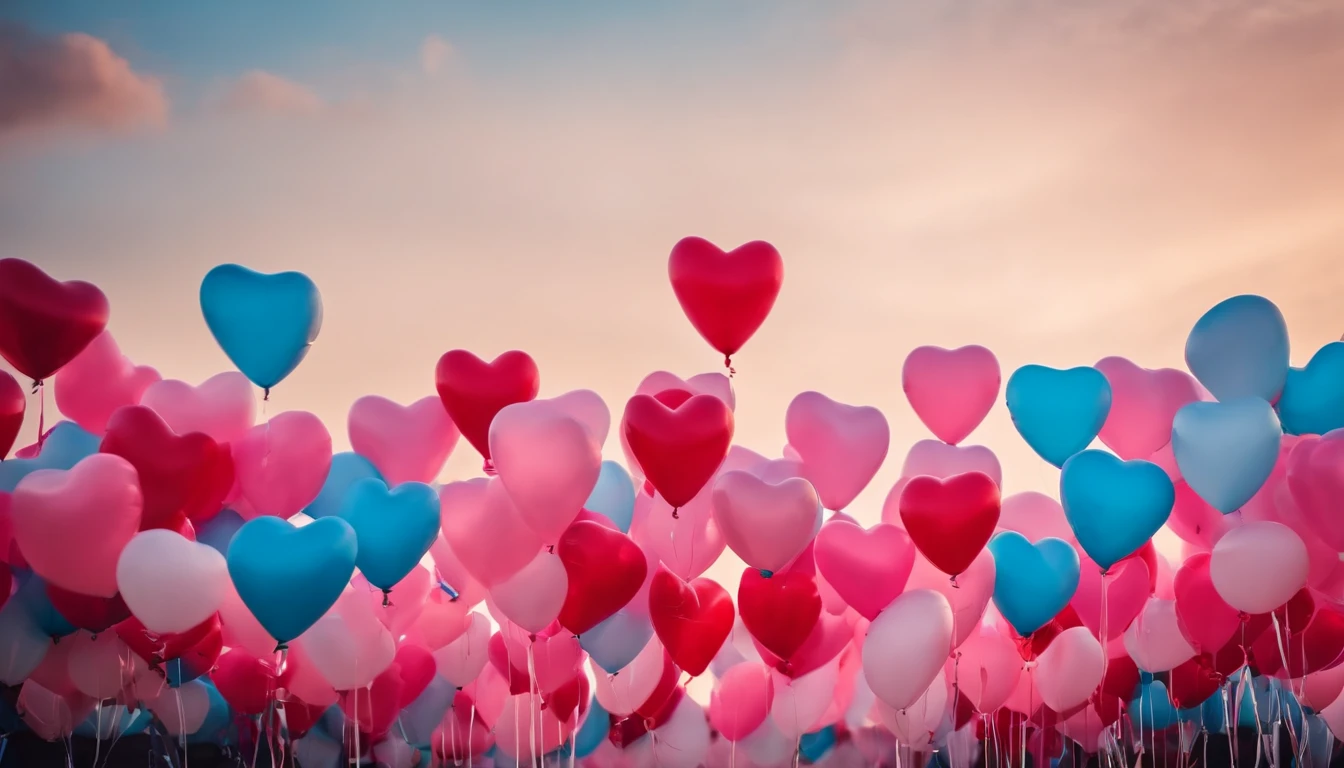 An aesthetic photo of an arrangement of heart-shaped balloons in various shades of pink and red against a bright, blue sky, creating a whimsical backdrop