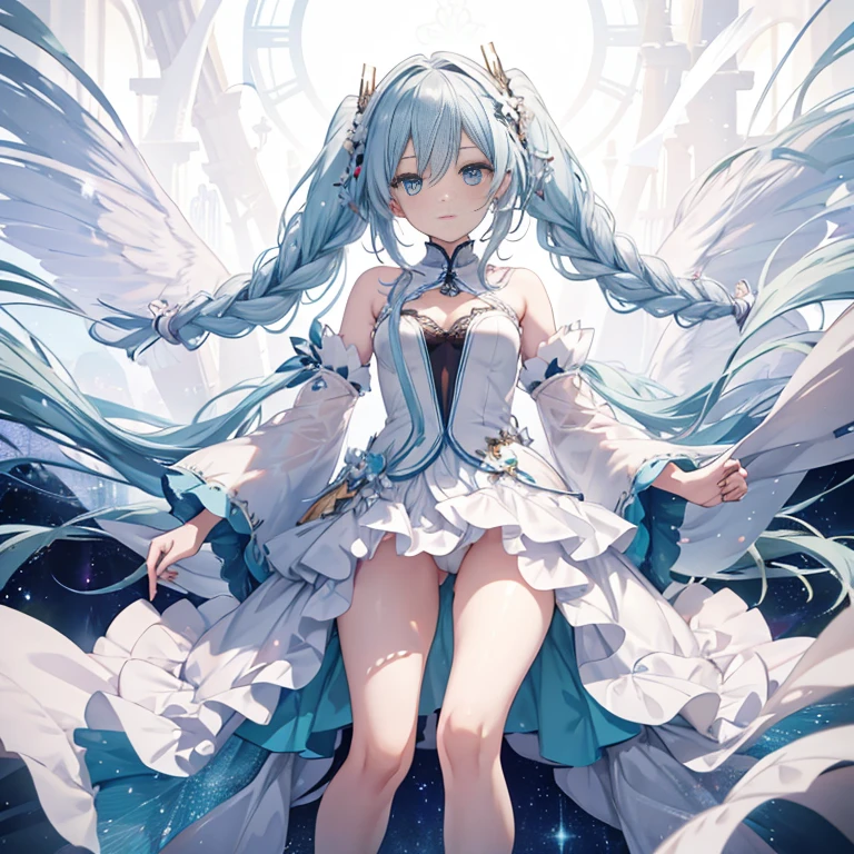 hatsuneMiku、(ultra Realistic), (An illustration), (Highres), (8K), (highlydetailed), (the best illustration), (Beautiful Detailed Eyes), (beste Quality), (Super Detailed), (Master peace), (Wallpapers), (Detailed Face), solo, 1girl, Aristocratic dresses、White hair, Iris heterochromatic eyes, small moles under eye, medium chest, Long legs,Stunning composition,Foot braids,Beautiful and detailed legs