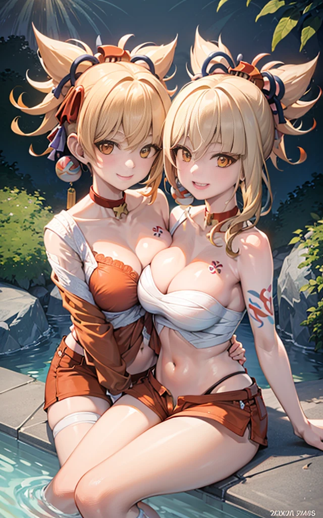 Two girls smiling in the water in the bathtub without showing their teeth. Female twins， vibrant with colors，Natural lighting, best quality, breasts next to each other, holding each other, sunny masterpiece, navel exposed, blushing, big breast, orange  shorts