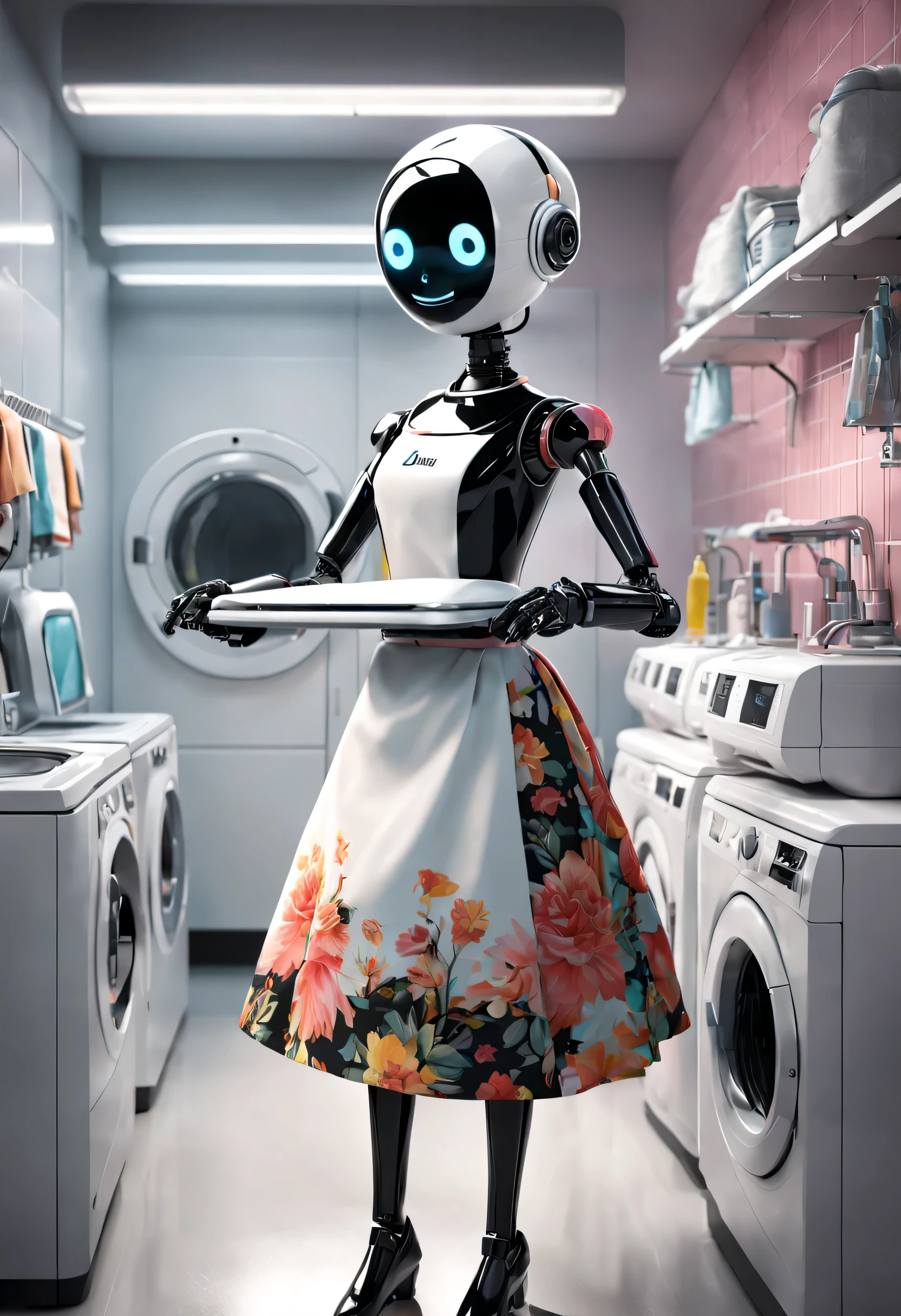 erik jones style, (Robot butler is ironing clothes:1.3）,Wearing a retro floral skirt, The head is equipped with a high-definition analog face display, Warm and friendly smile, Wearing a holographic white butler uniform, Background with：laundryroom，Future character design, sci-fy, Black technology, 3D,