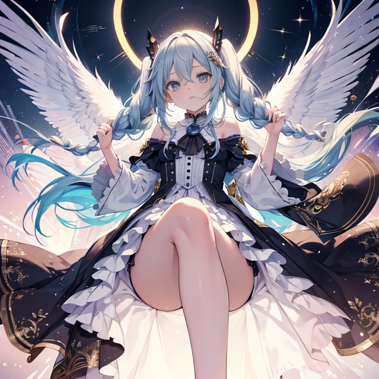 hatsuneMiku、(ultra Realistic), (An illustration), (Highres), (8K), (highlydetailed), (the best illustration), (Beautiful Detailed Eyes), (beste Quality), (Super Detailed), (Master peace), (Wallpapers), (Detailed Face), solo, 1girl, Aristocratic dresses、White hair, Iris heterochromatic eyes, small moles under eye, medium chest, Long legs,Stunning composition,Foot braids,Beautiful and detailed legs