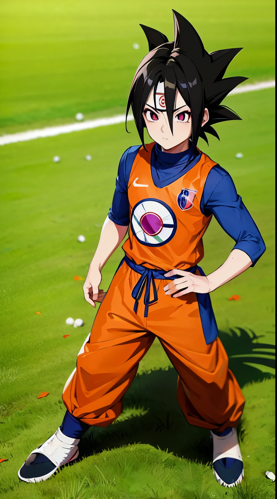 Uchiha Sasuke, com roupas de dragon ball, no campo de futebol