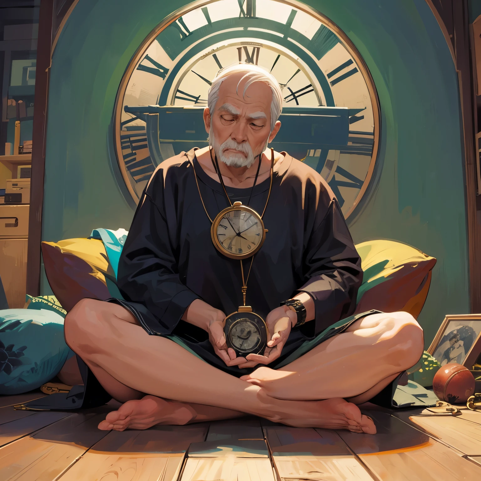 Ugly old man in his 80s art work mandala landscape meditating on the floor left and right eyes closed an old man with malice heart-shaped pocket watch