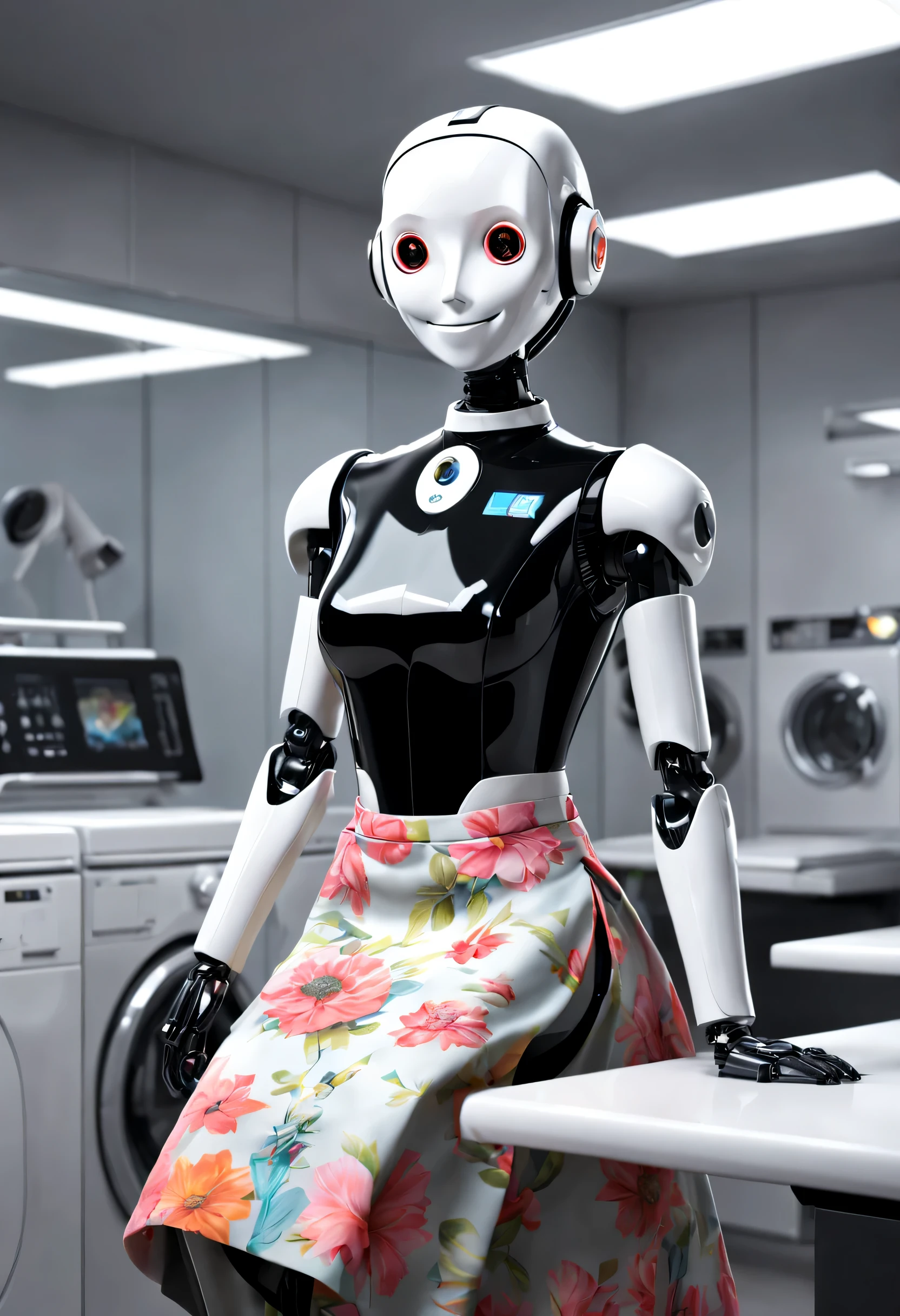 erik jones style, (Robot butler is ironing clothes:1.3）,Wearing a retro floral skirt, The head is equipped with a high-definition analog face display, Warm and friendly smile, Wearing a holographic white butler uniform, Background with：laundryroom，Future character design, sci-fy, Black technology, 3D,