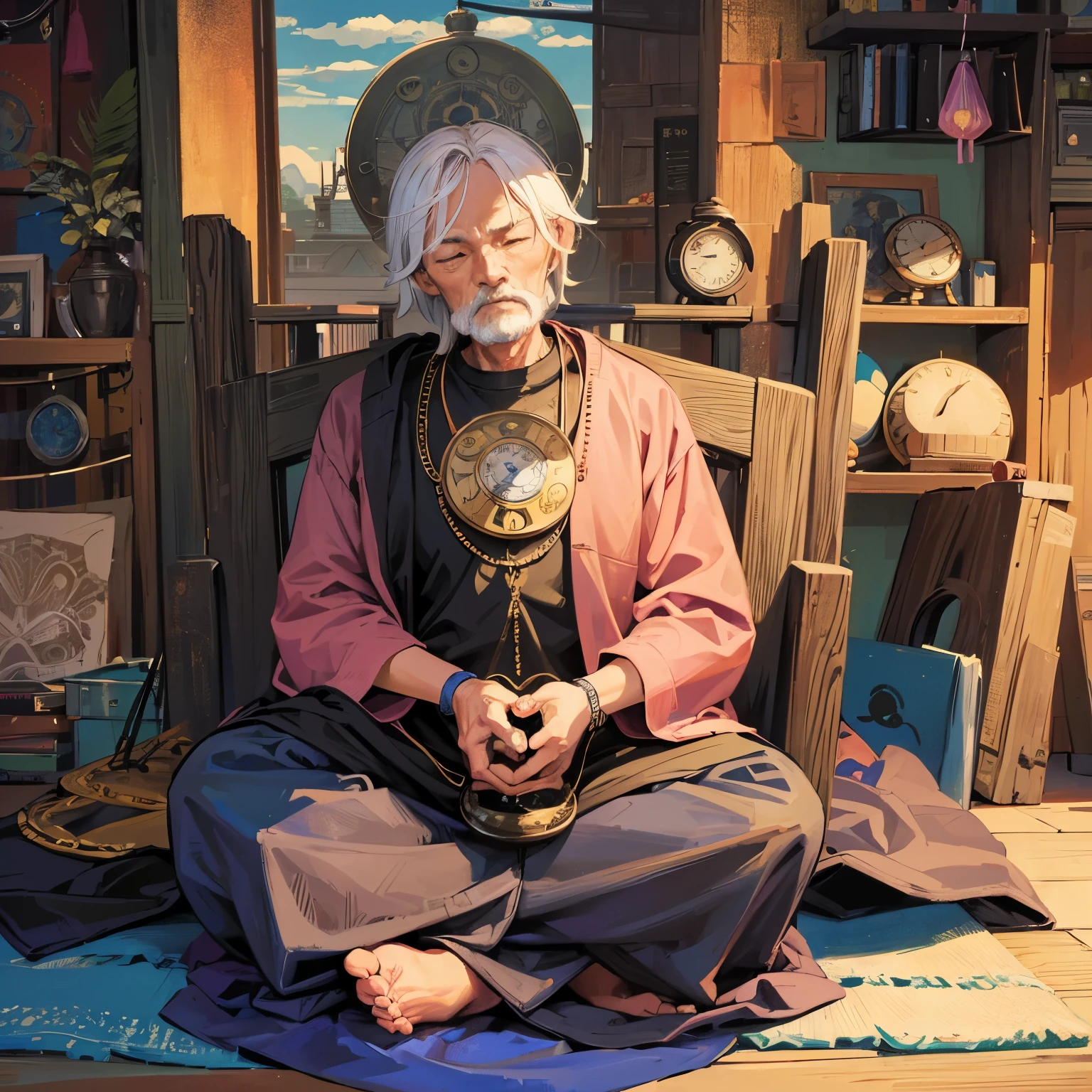 Ugly old man in his 80s art work mandala landscape meditating on the floor left and right eyes closed an old man with malice heart-shaped pocket watch